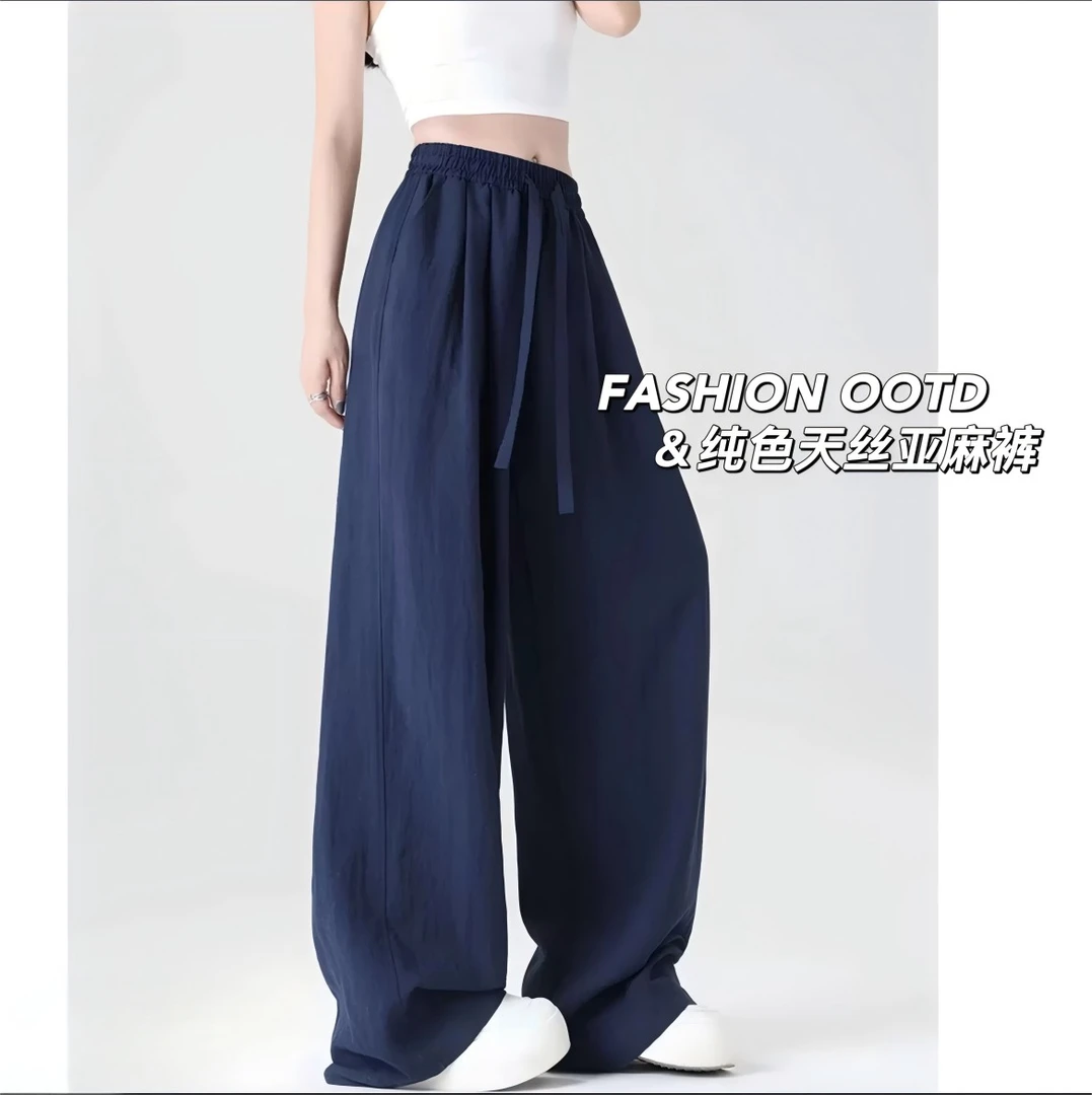 天丝亚麻夏季薄款清凉感抽绳松紧腰简约弯刀裤2025裤子网红款