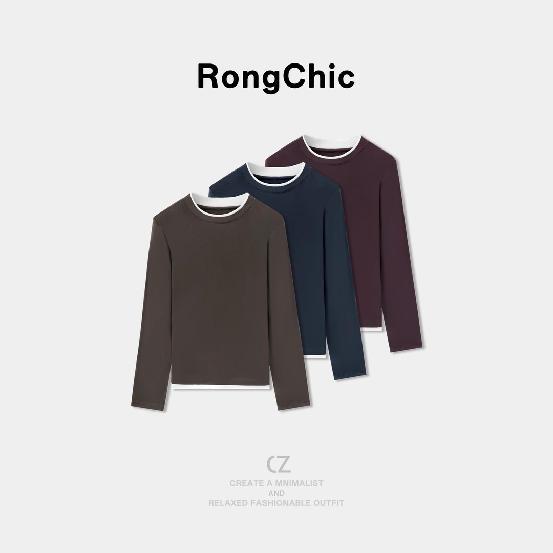 【诗澜】春秋2025假两件长袖新款休闲百搭修身圆领时尚显瘦T恤女