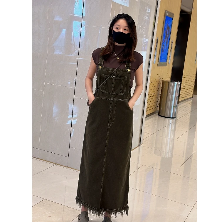 复古毛须边小众牛仔背带裙