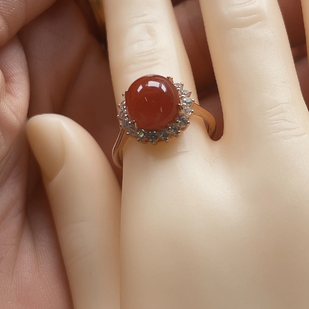 南红玛瑙冰红南红戒指银S925镀金镶嵌