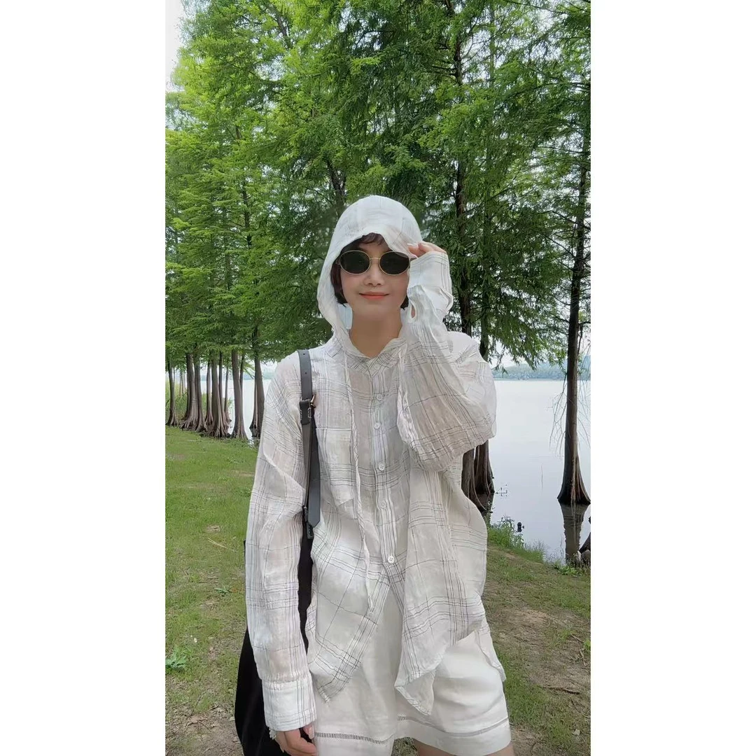 "慵懒松弛风" 100色织亚麻衬衫 四季款连帽衬衫 格纹系列 W-243