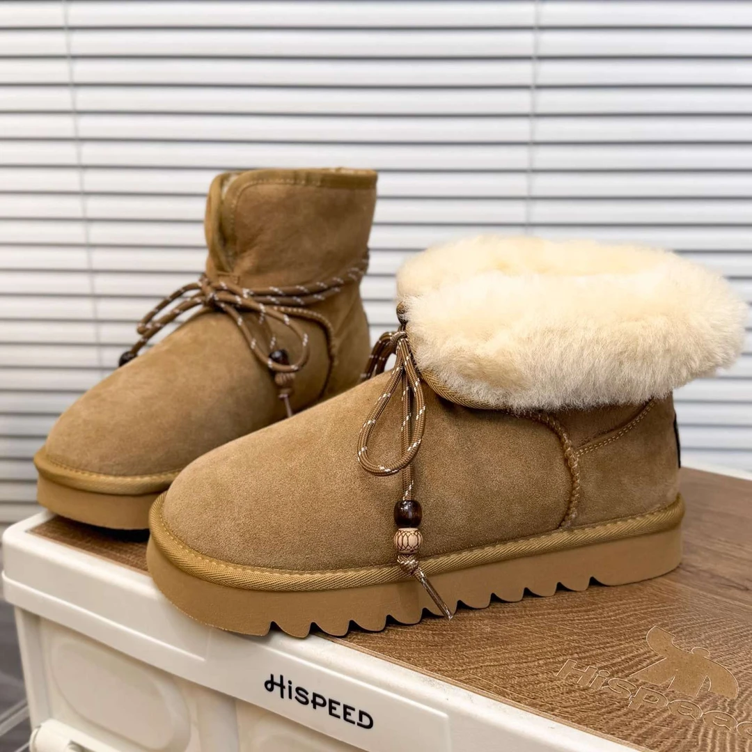 【万达撤柜】磨砂羊毛毛鞋雪地靴女翻领两穿棉靴复古平底女鞋潮
