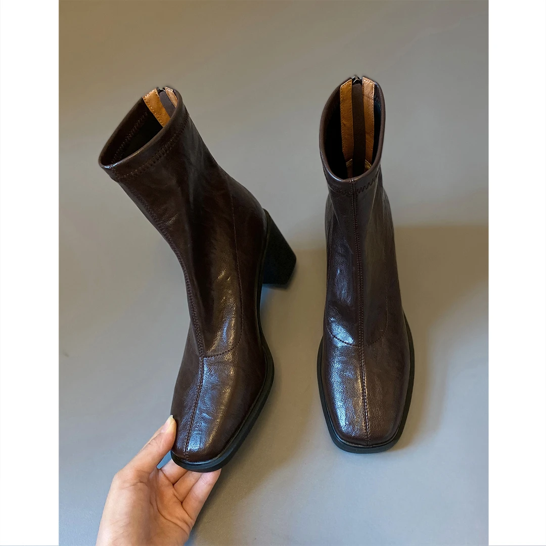 牛皮版~高跟短靴女2025秋冬新款方头马丁靴小个子复古粗跟瘦瘦靴