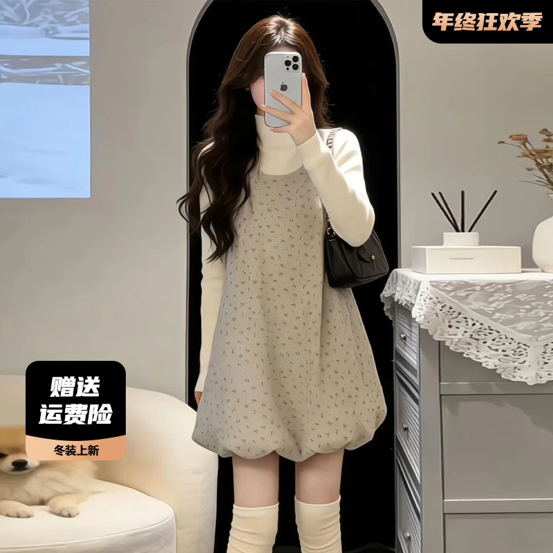 韩系碎花U领无袖花苞连衣裙套装女秋冬新款背心裙毛衣叠穿一整套