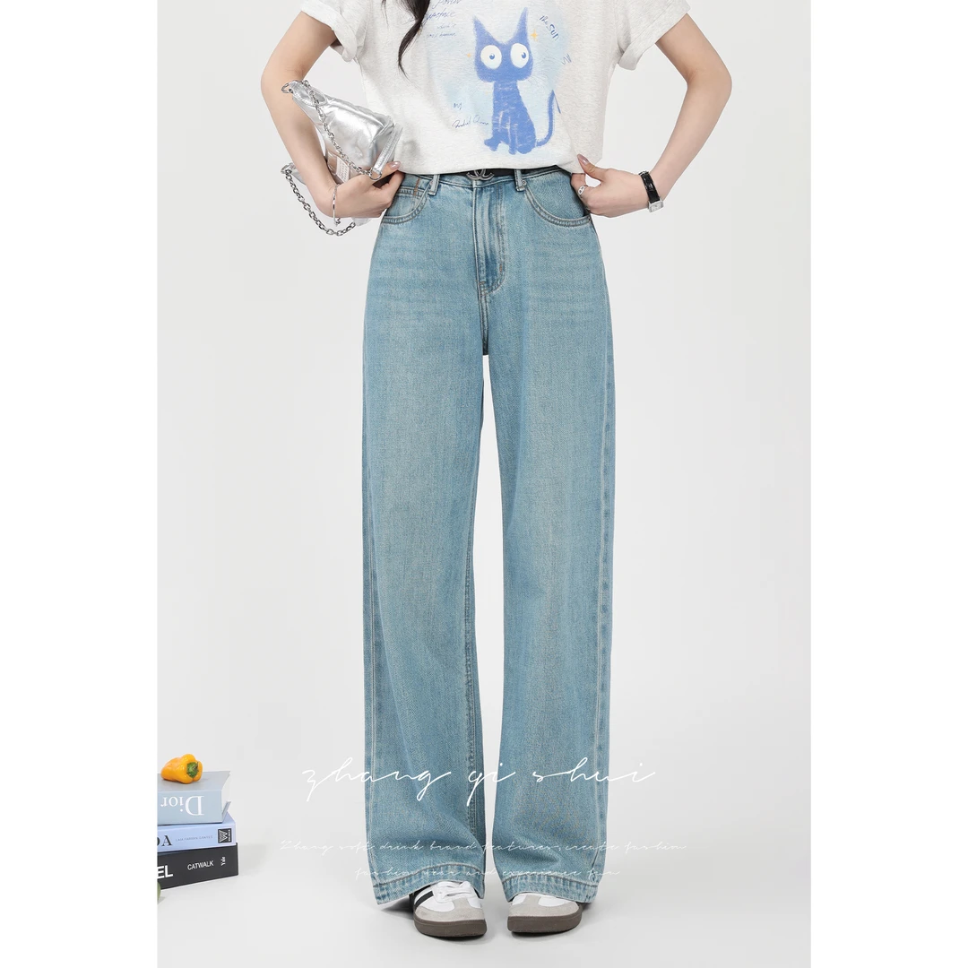 张汽水蓝色直筒高腰牛仔长裤女复古宽松薄款阔腿裤子Z15525-1