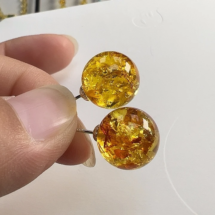 琥珀（花珀）银S925镶嵌耳饰