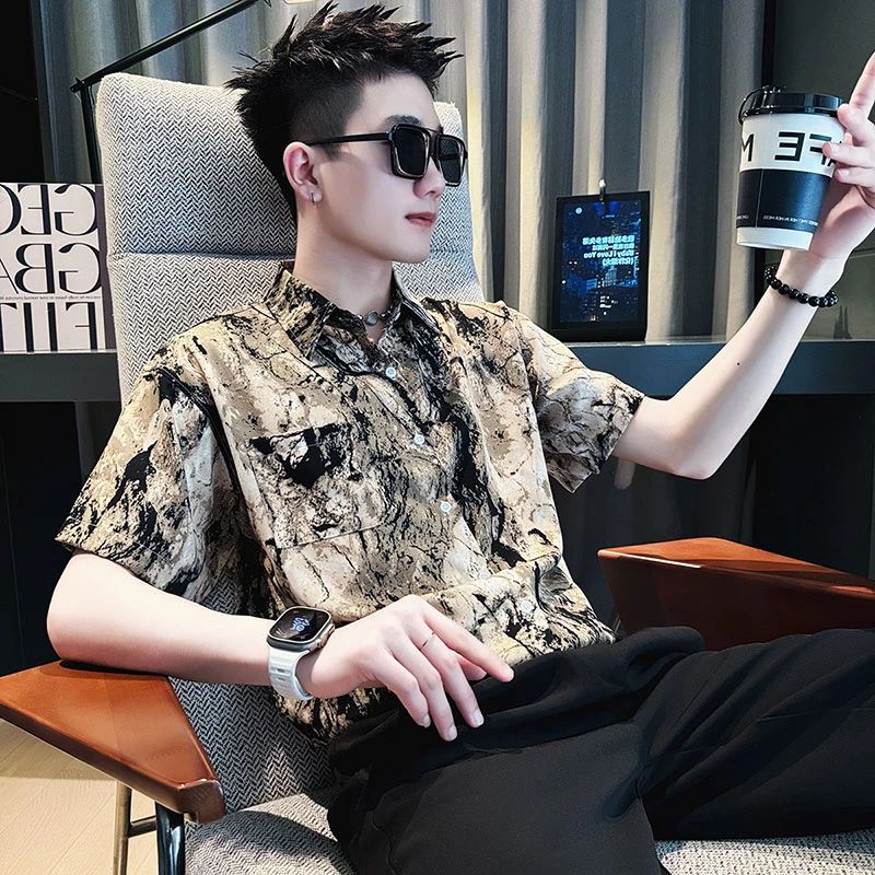 冰丝花衬衫男短袖夏季薄款潮牌痞帅速干半袖寸衫宽松休闲翻领t恤