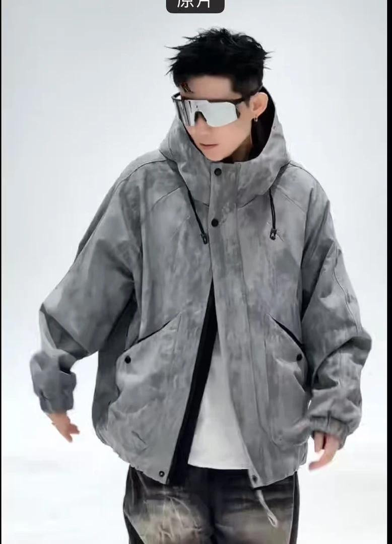 压花冬季连帽复古扎染男士PU夹克加棉棉服迷彩潮流