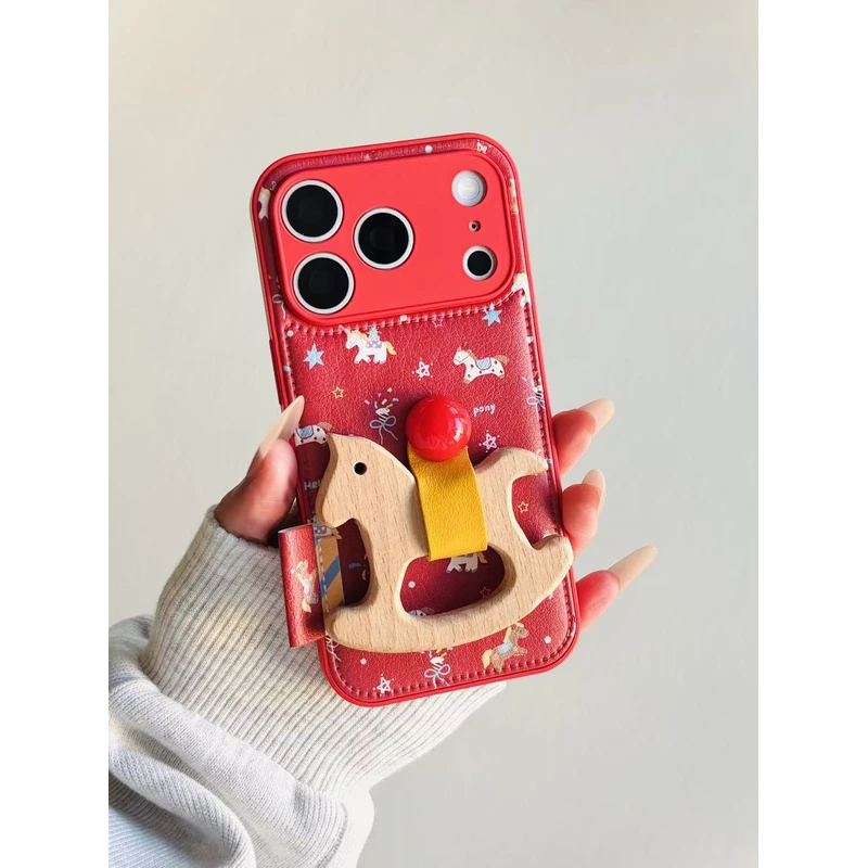 新年可爱立体指环扣木马支架适用于iphone17promax苹果手机壳