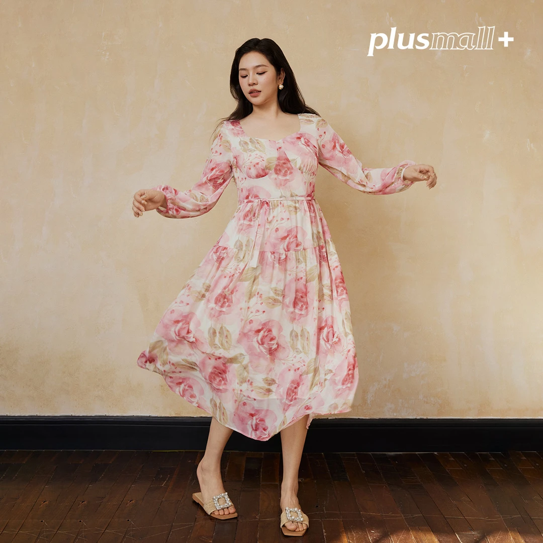 PLUSMALL 落日玫瑰岛 慵懒感浪漫晕染花朵系带连衣裙PM2501089