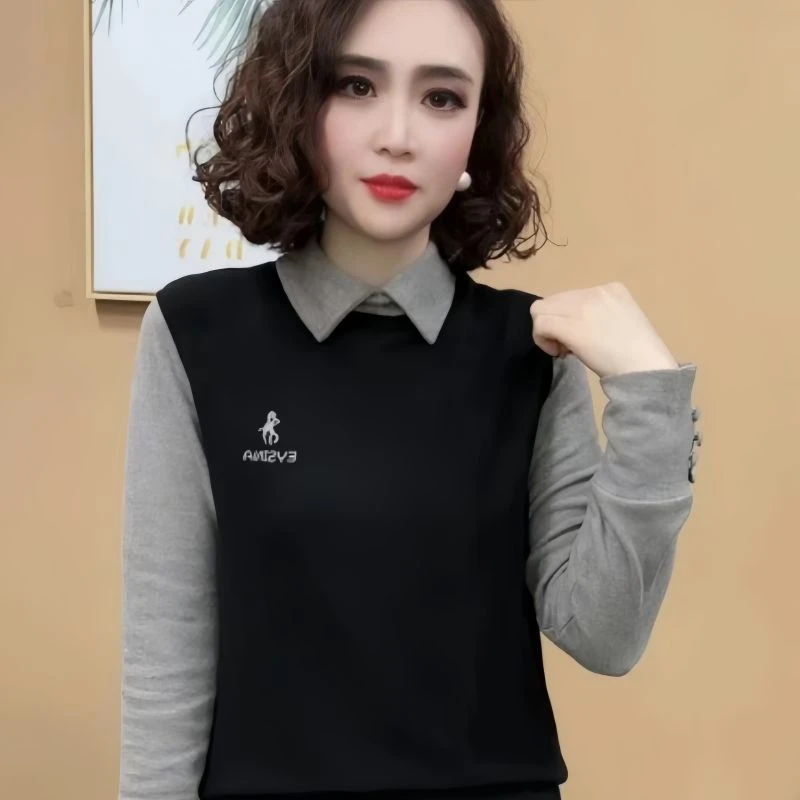 2025秋冬新款拼接假两件Polo领轻奢高级感打底衫显瘦宽松上长袖顺
