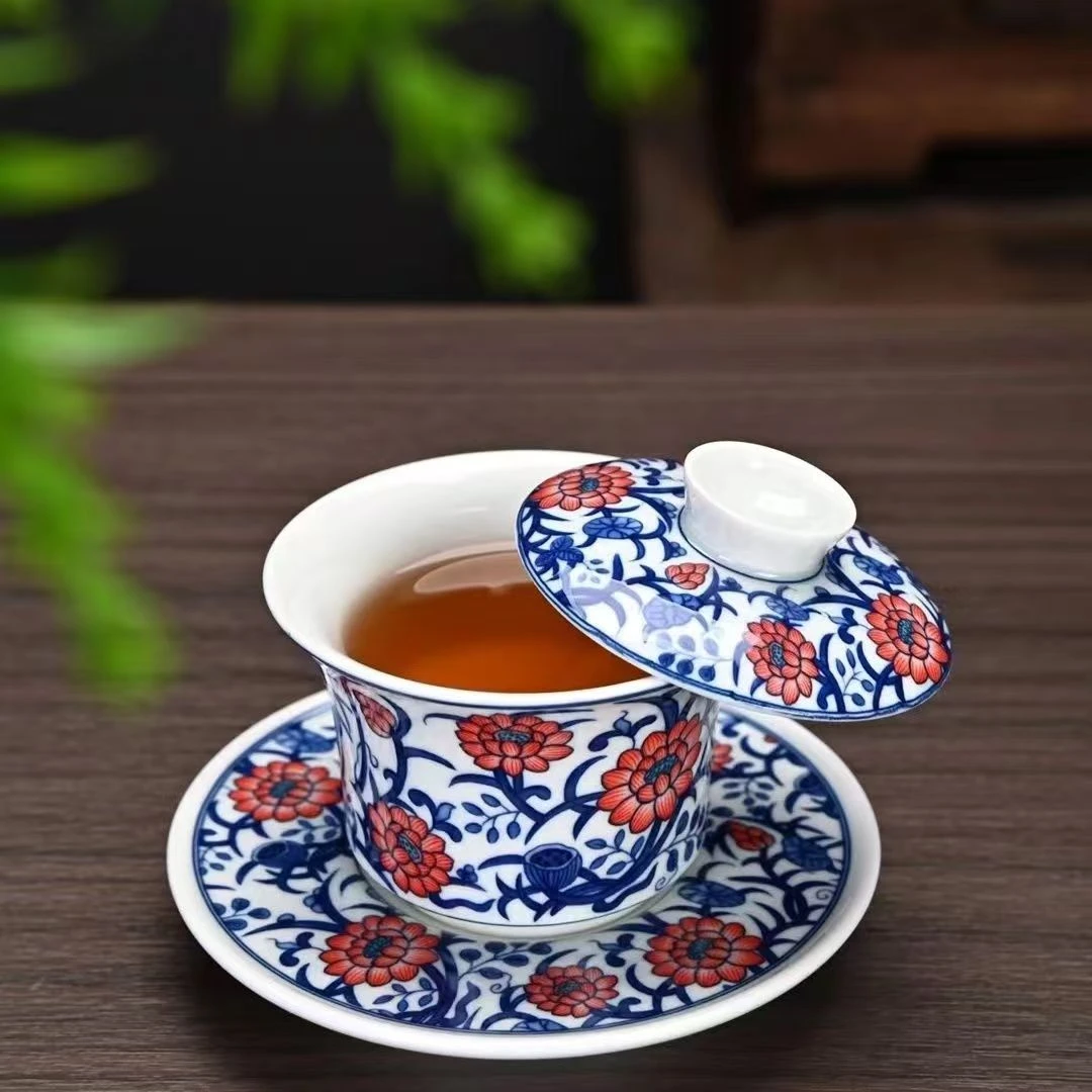 青花釉里红缠枝莲可悬停旋转三才盖碗个人专用主人茶杯泡茶碗0751