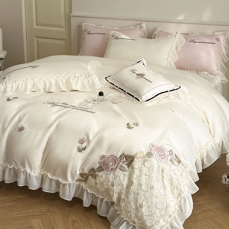 高端梦幻公主风冰丝四件套刺绣款丝滑凉感柔软床上用品床单床笠款