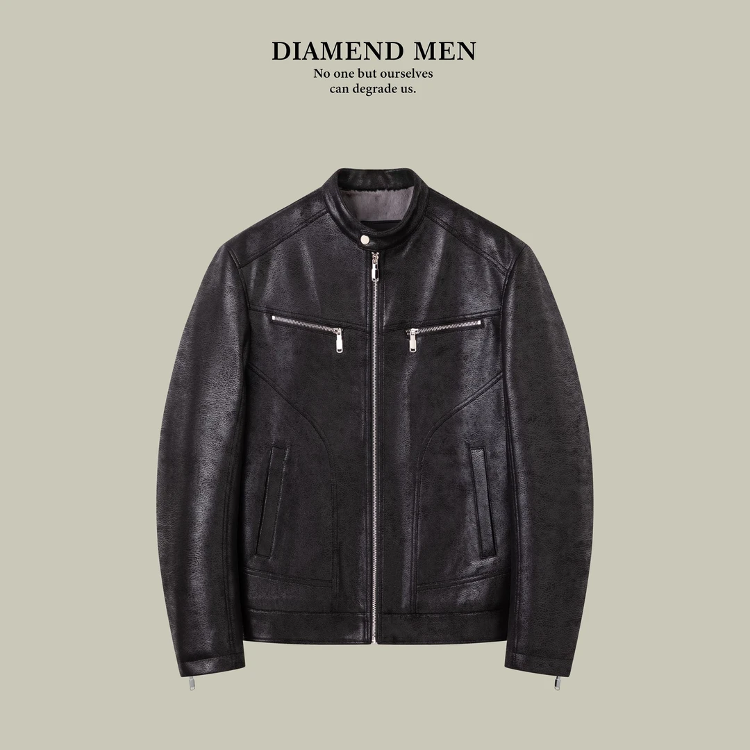 思鹏KIM鳄鱼纹春秋季绒保暖休闲时尚立领男士潮流机车风短款夹克