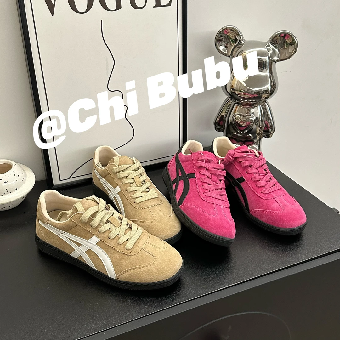 CHIBUBU【芝士莓莓】复古百搭真皮撞色德训鞋低帮休闲女鞋系带板鞋