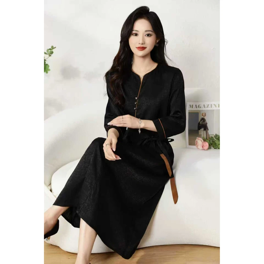 1454沐川裙妈妈装高贵新款妈妈装洋气收腰过膝法式