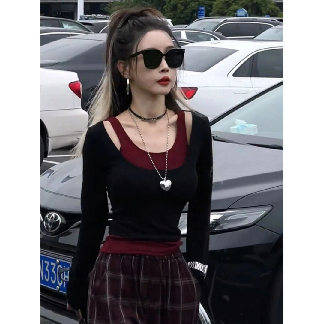 早秋美式辣妹挂脖打底衫女春秋内搭长袖T恤假两件短款小个子上衣