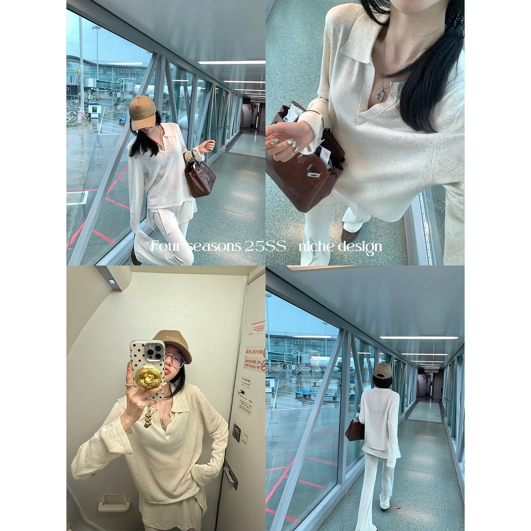 区区欧阳 翻领针织衫女夏季慵懒风宽松美式复古长袖上衣