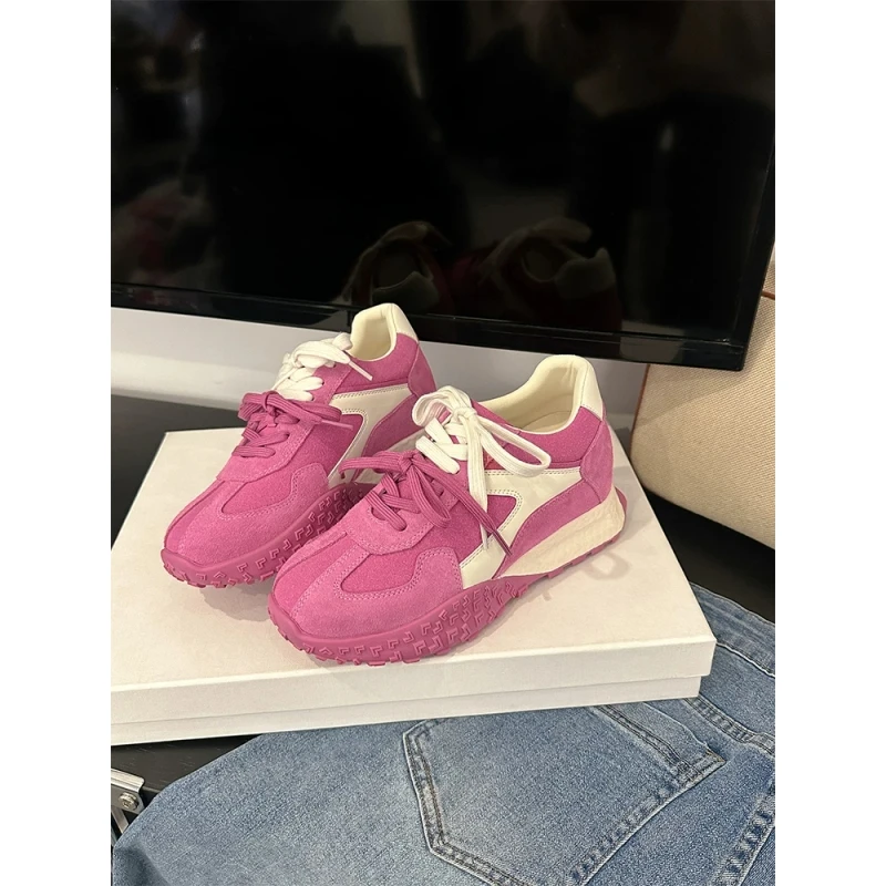 真皮~8CM粉色内增高德训鞋女2025新款复古小个子透气运动休闲女鞋