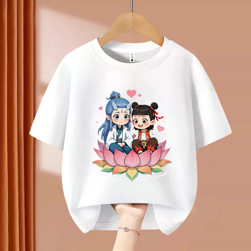 莲花哪吒敖丙 趣味文字喜居麦圆领百搭纯棉短袖儿童出游夏季ins