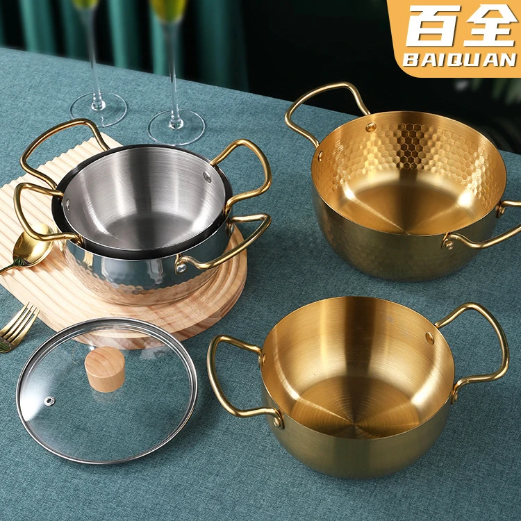 430不锈钢韩式泡面锅金色拉面锅双耳煮面锅电磁炉专用双耳汤锅