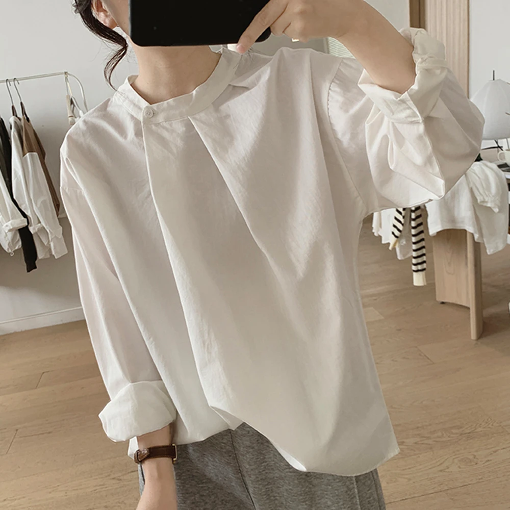 纯棉不规则衬衫女士秋季新款宽松洋气显瘦小众设计感褶皱套头上衣
