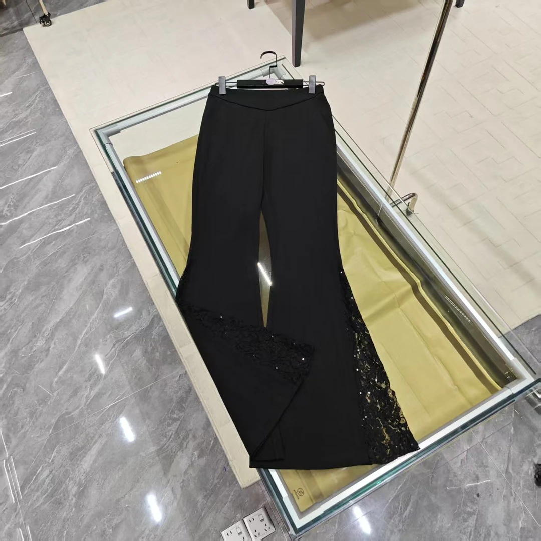 喇叭裤拼接微辣裤蕾丝高腰休闲裤黑色