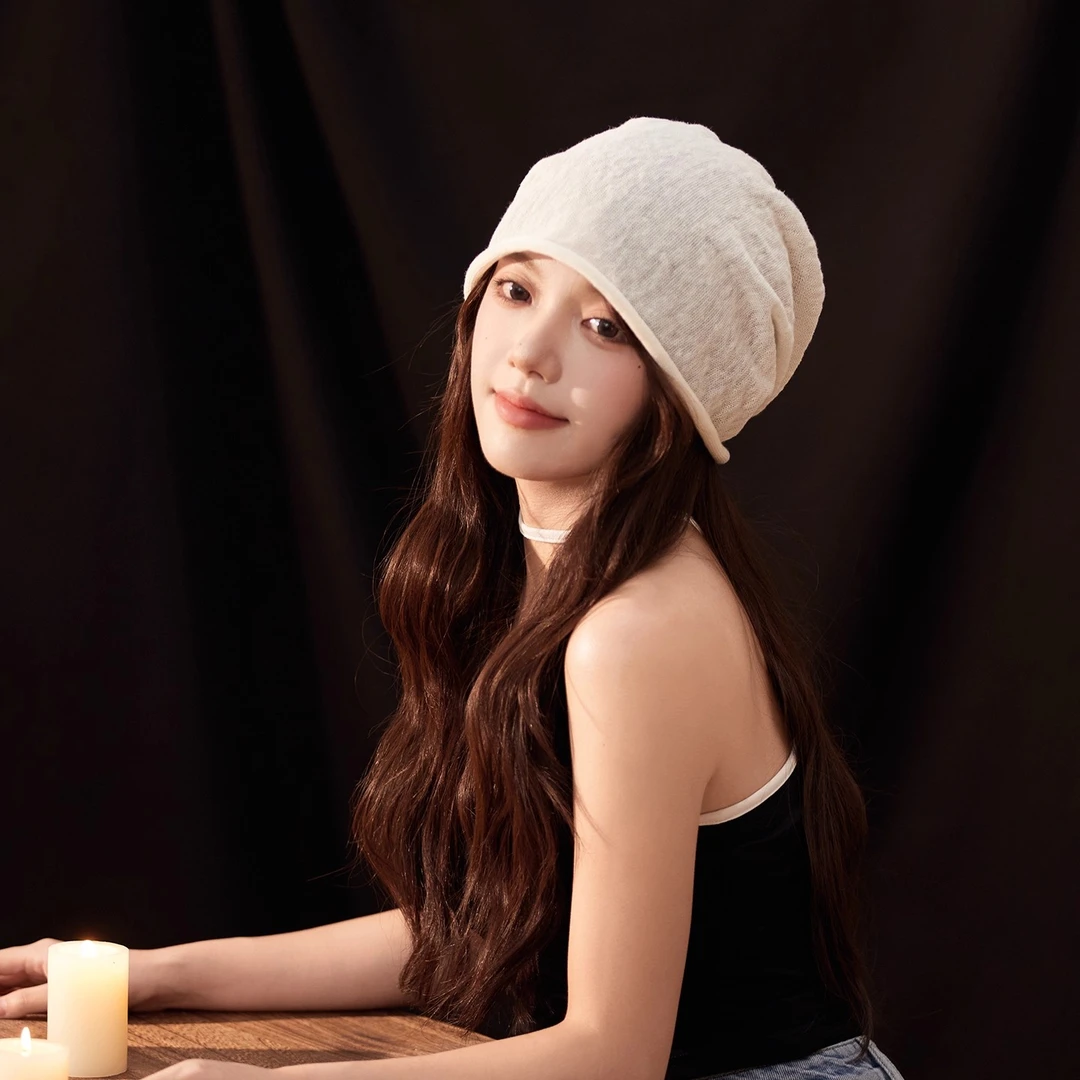 新款透气亚麻堆堆帽女生宽松版型显脸小套头帽慵懒风卷边纯色冷帽