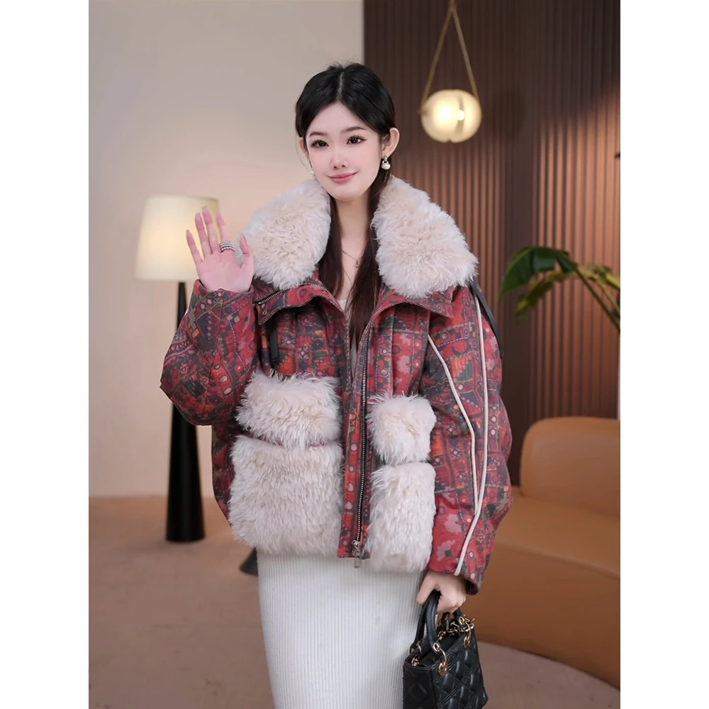 【栀栀专属】25980冬季新款巴洛克风印花羊毛口袋大毛领连帽羽绒服