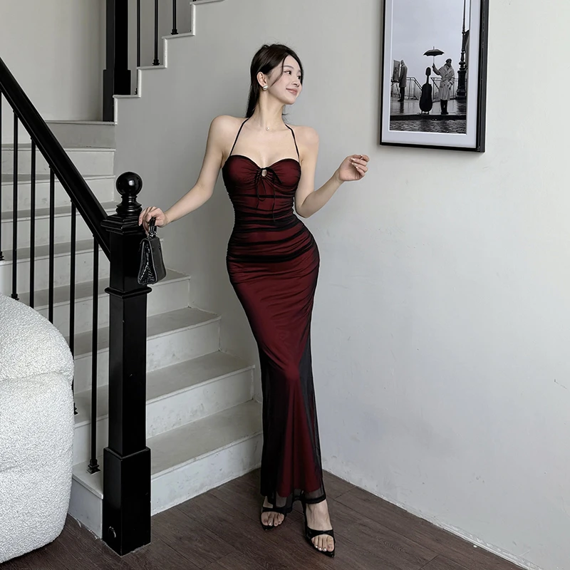 运补6-8r 夏季复古连衣裙网纱拼接气质修身包臀显身材吊带裙