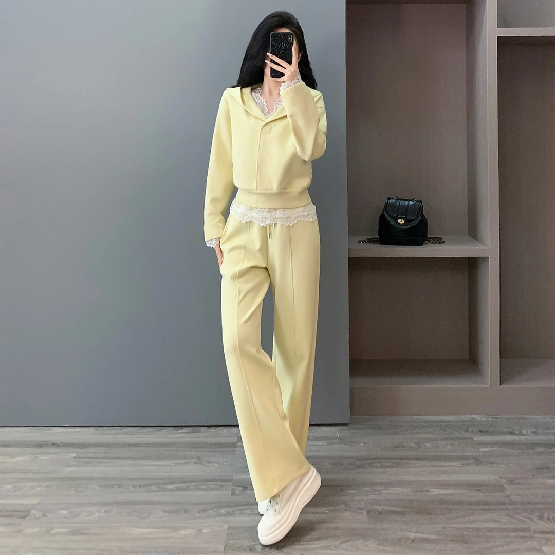 网红炸街时尚设计感洋气休闲运动套装女连帽长袖上衣阔腿裤两件套