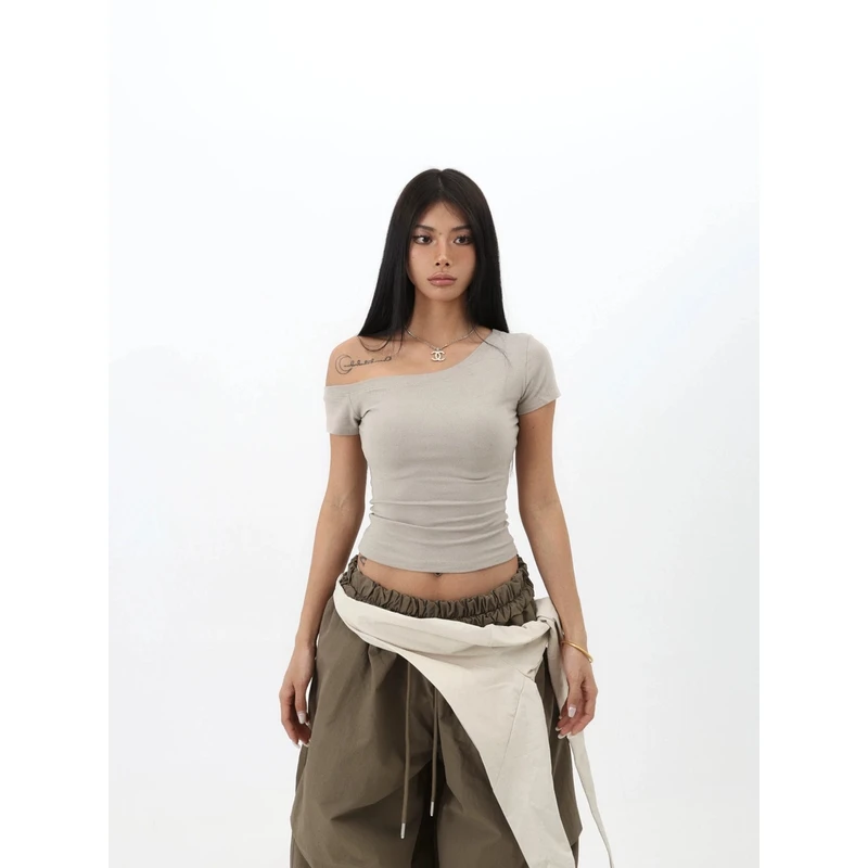 纯色斜肩s腰显瘦修身爵士百搭短款辣妹短袖  80920