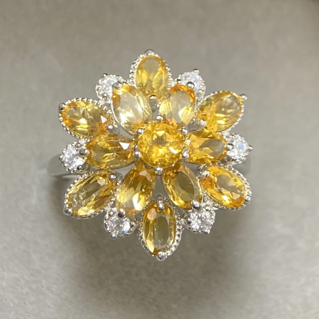 花朵天然黄水晶戒指s925银轻奢创意精致满钻气质优雅时尚百搭XS