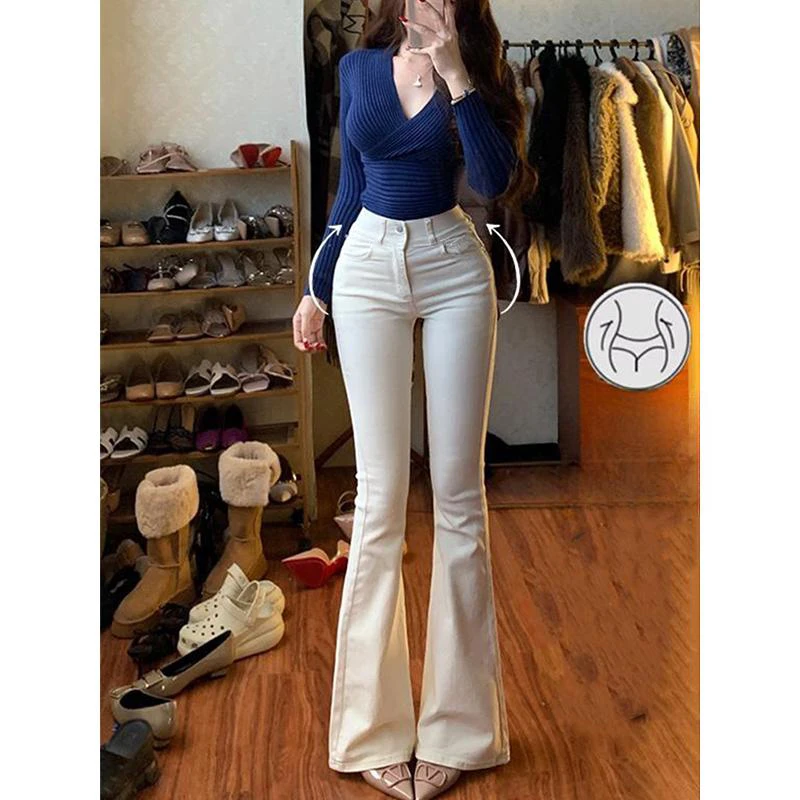 白色辣妹显瘦弹力微喇牛仔裤女2025春秋夏季弹力显瘦百搭喇叭裤子