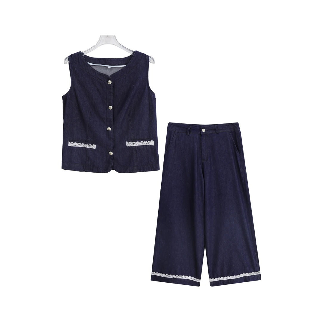 牛仔马甲高腰阔腿裤复古风减龄洋气套装A14638