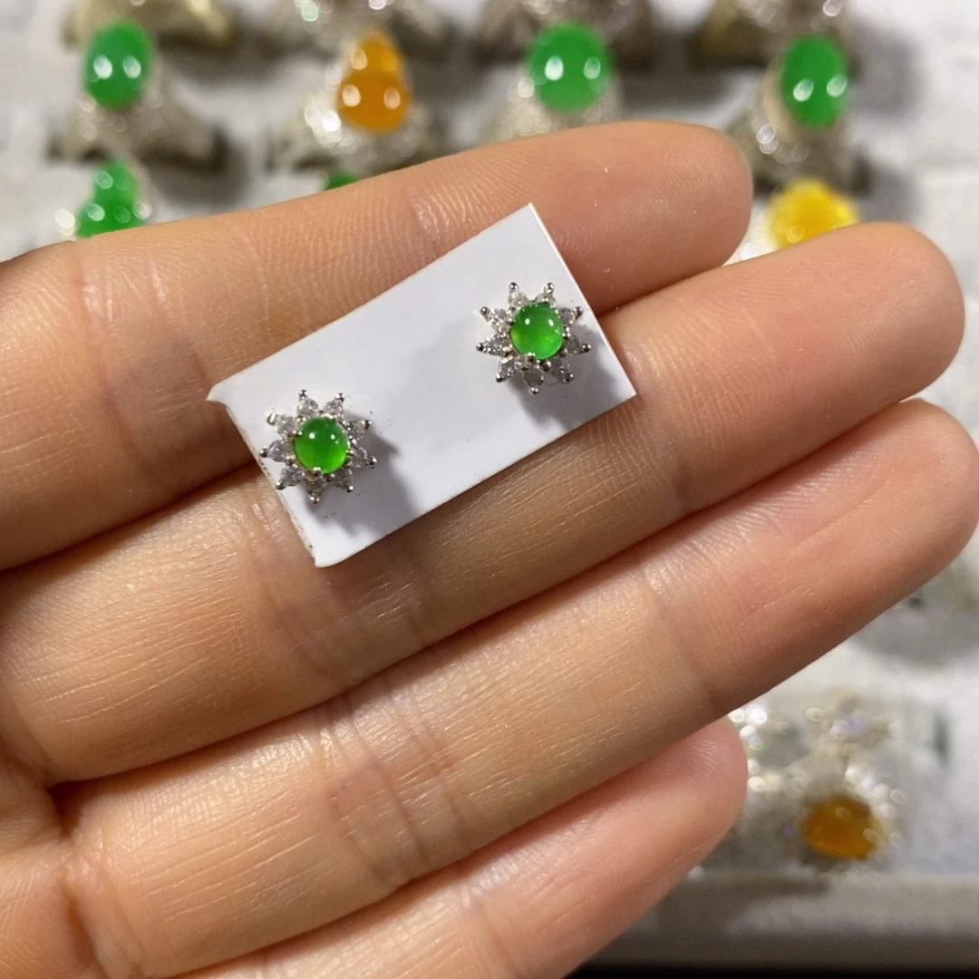 银S925镶嵌翡翠耳饰耳钉