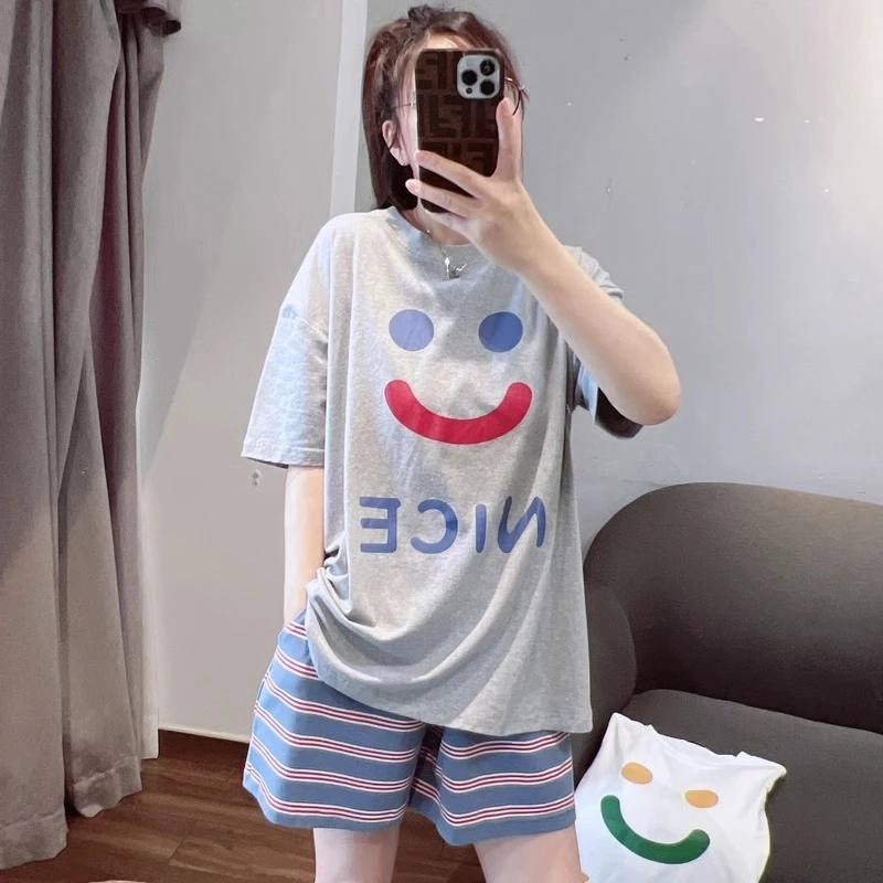 韩版简约笑脸睡衣女款夏季薄款短袖短裤宽松可爱条纹家居服套装