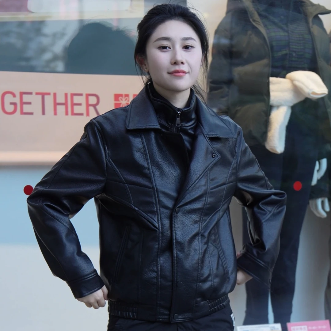 冬季新款男士休闲保暖加绒皮衣外套时尚百搭修身潮流翻领短款上衣