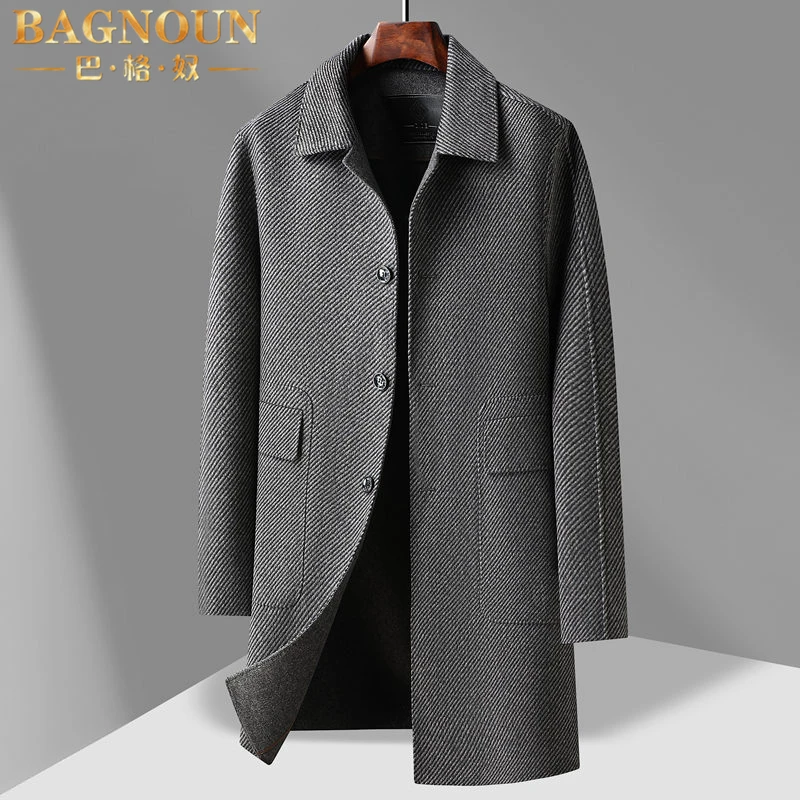 巴格奴毛呢大衣男士秋冬季时尚中长款大码羊毛双面呢胖子加厚外套