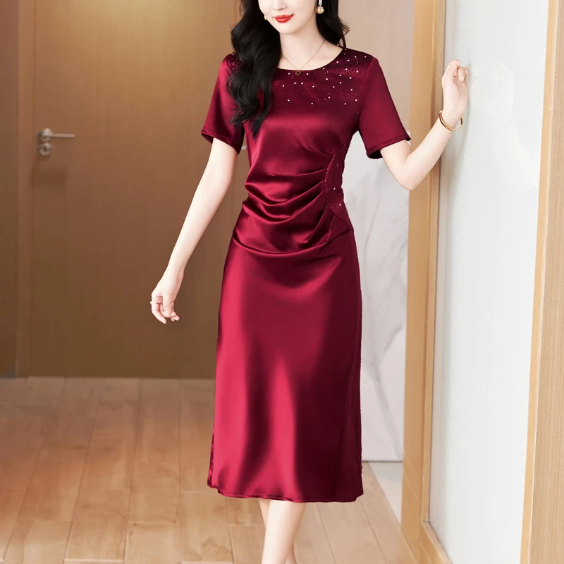 喜婆婆婚宴装2025新款高贵年轻收腰显瘦醋酸礼服连衣裙夏季中长款