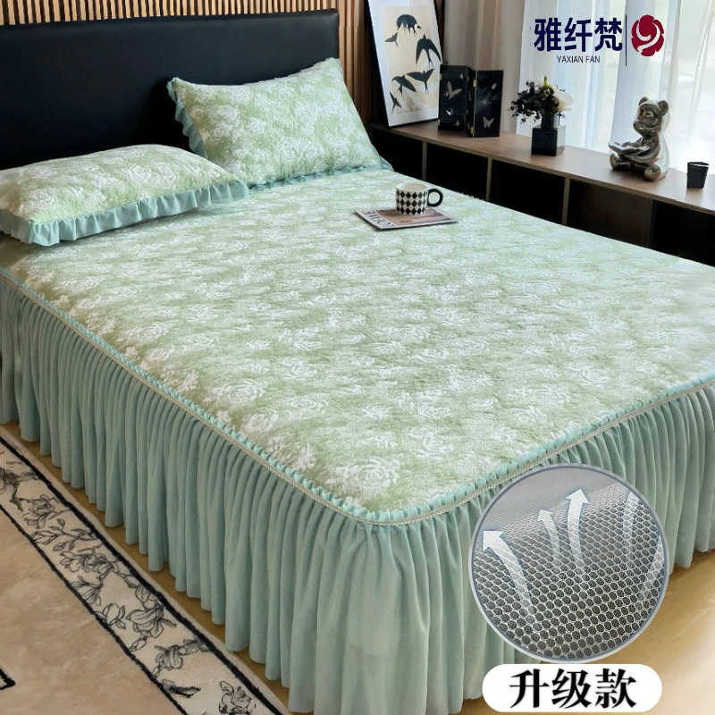 【升级款】可机洗空调席子凉感雪纺花边提花玫瑰床裙款冰丝席三件套