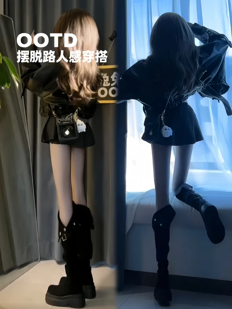 复古机车印花高腰水洗皮衣外套女秋季学院风针织衫+百褶裙三件套