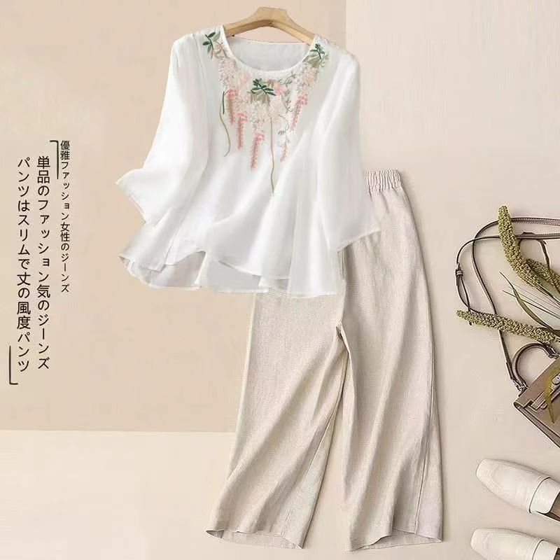 【现货+运费险】文艺复古圆领棉麻套装刺绣衬衫女宽松优雅气质V1002