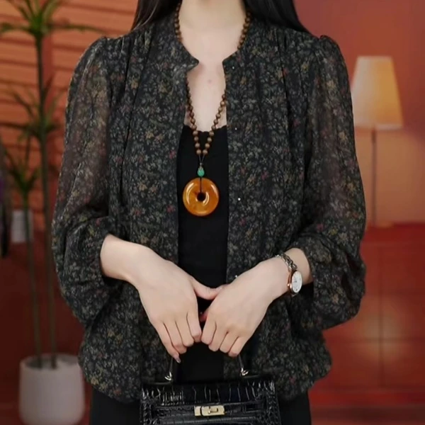 X6148【出口原单】气质优雅时尚碎花衬衫-香菜