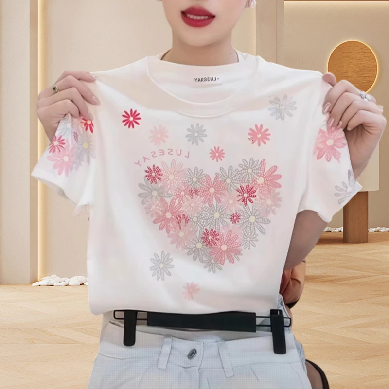 韩版纯棉白色t恤女生短袖夏季别致漂亮小衫花朵印花宽松休闲上衣