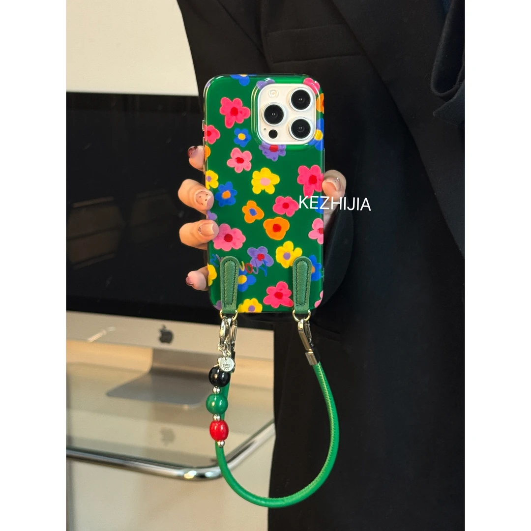 【壳之】高级彩色油画花朵绿底适用苹果17/16/15/14promax/13手机壳