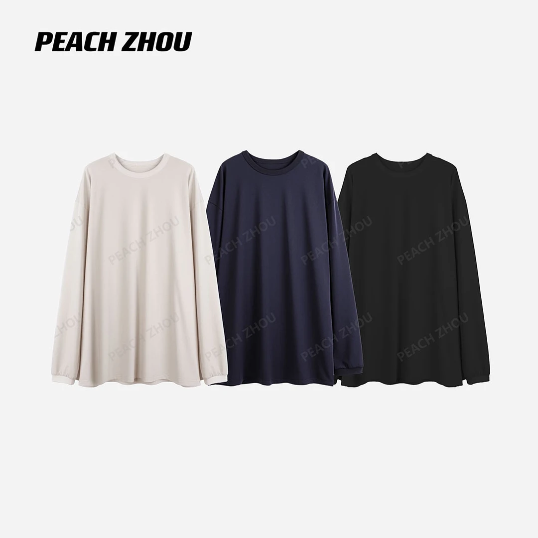 『PEACHZHOU』布标罗纹袖口基础纯色宽松圆领打底长袖休闲大版长袖