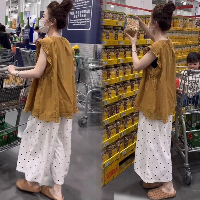 穿搭一整套韩系气质高级蕾丝花边拼接无袖洋气上衣波点阔腿裤套装