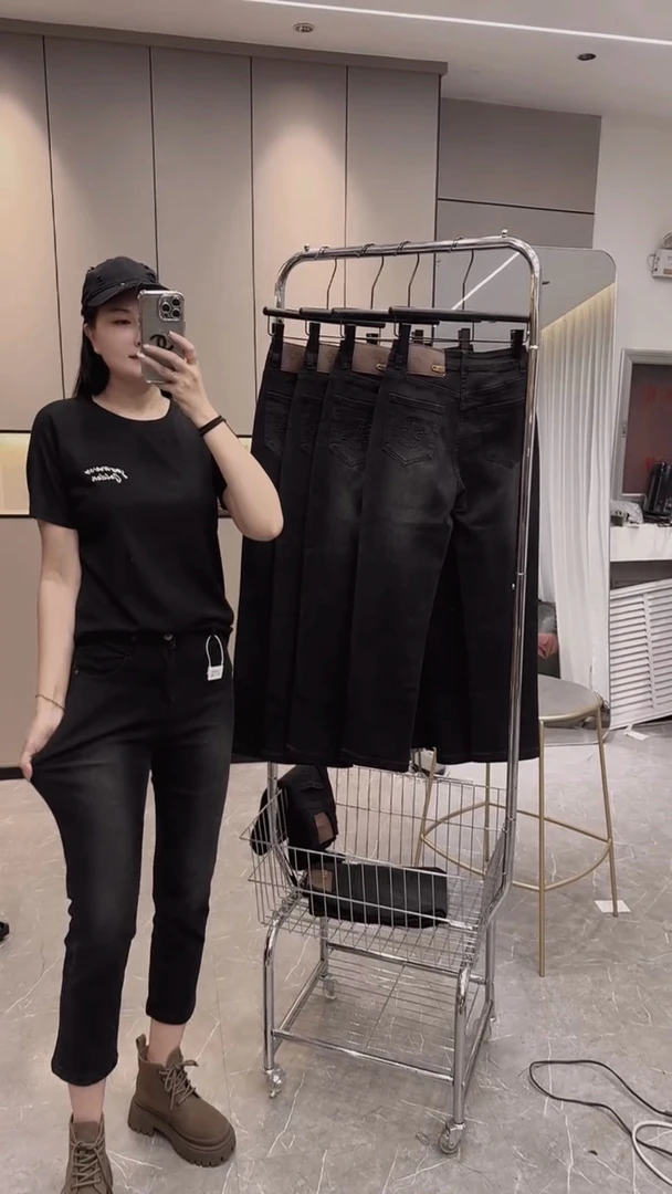 179高腰显瘦钢印八分牛仔裤女大码时尚百搭春秋黑灰色直筒烟管裤