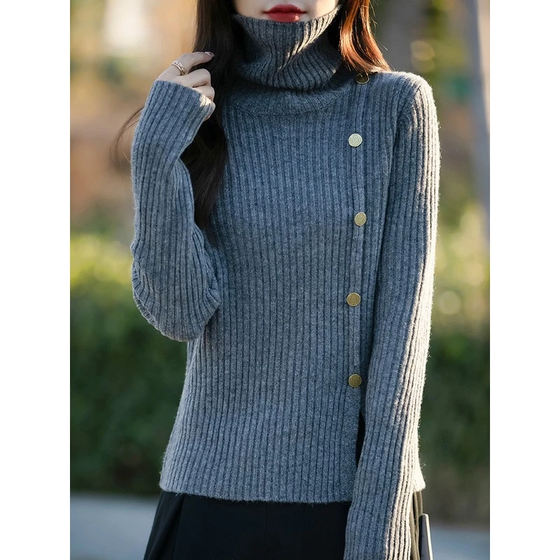 COS MOCO UR正品时尚高领抽条带扣针织打底衫女20粉浅灰JK针织开